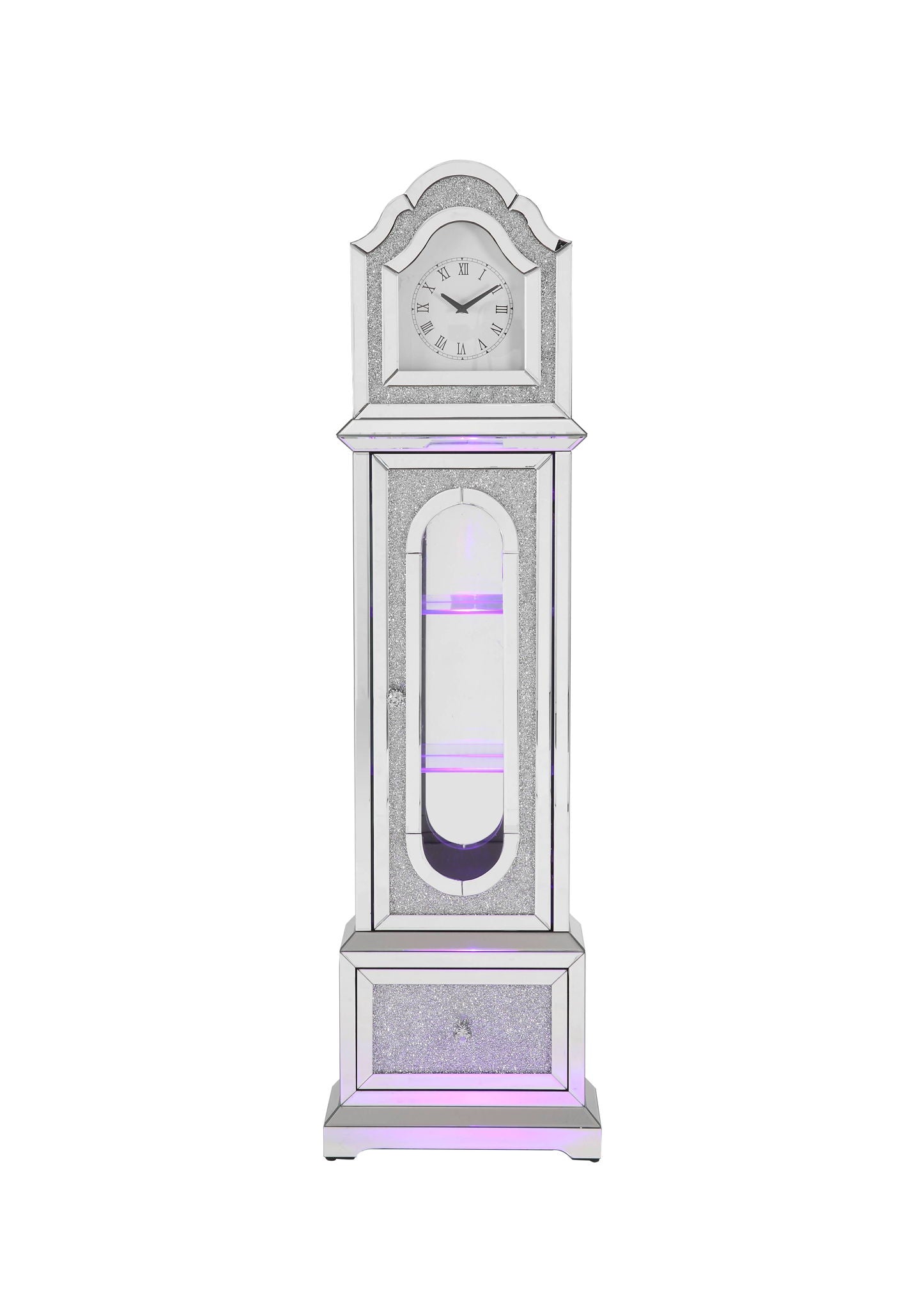 Noralie - Mirrored &amp; Faux Diamonds Grandfather Clock With LED - Silver Gray