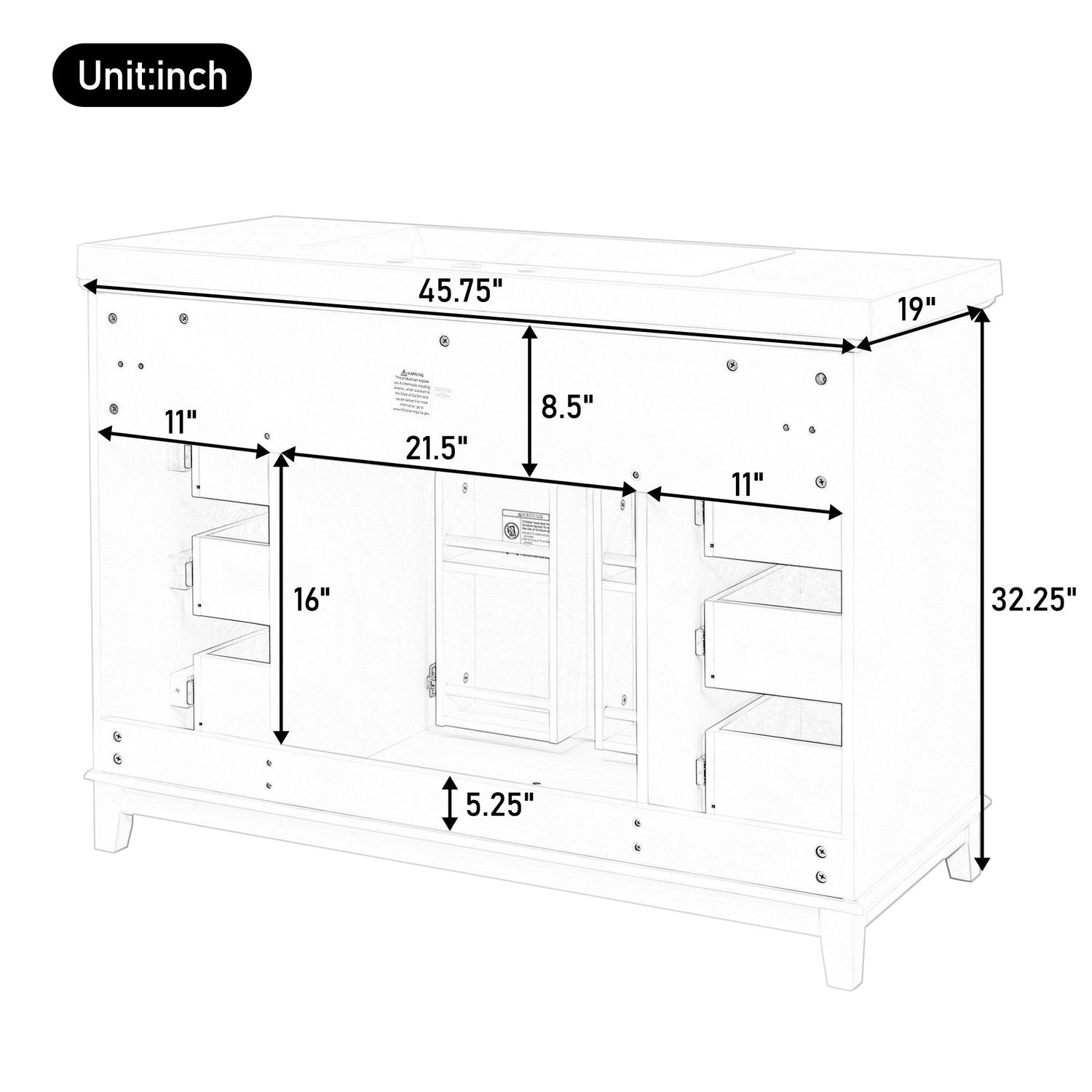 Bathroom Vanity Cabinet Only, 6 Soft Close Drawers &amp; Double Doors With 2 Tier Shelves - White
