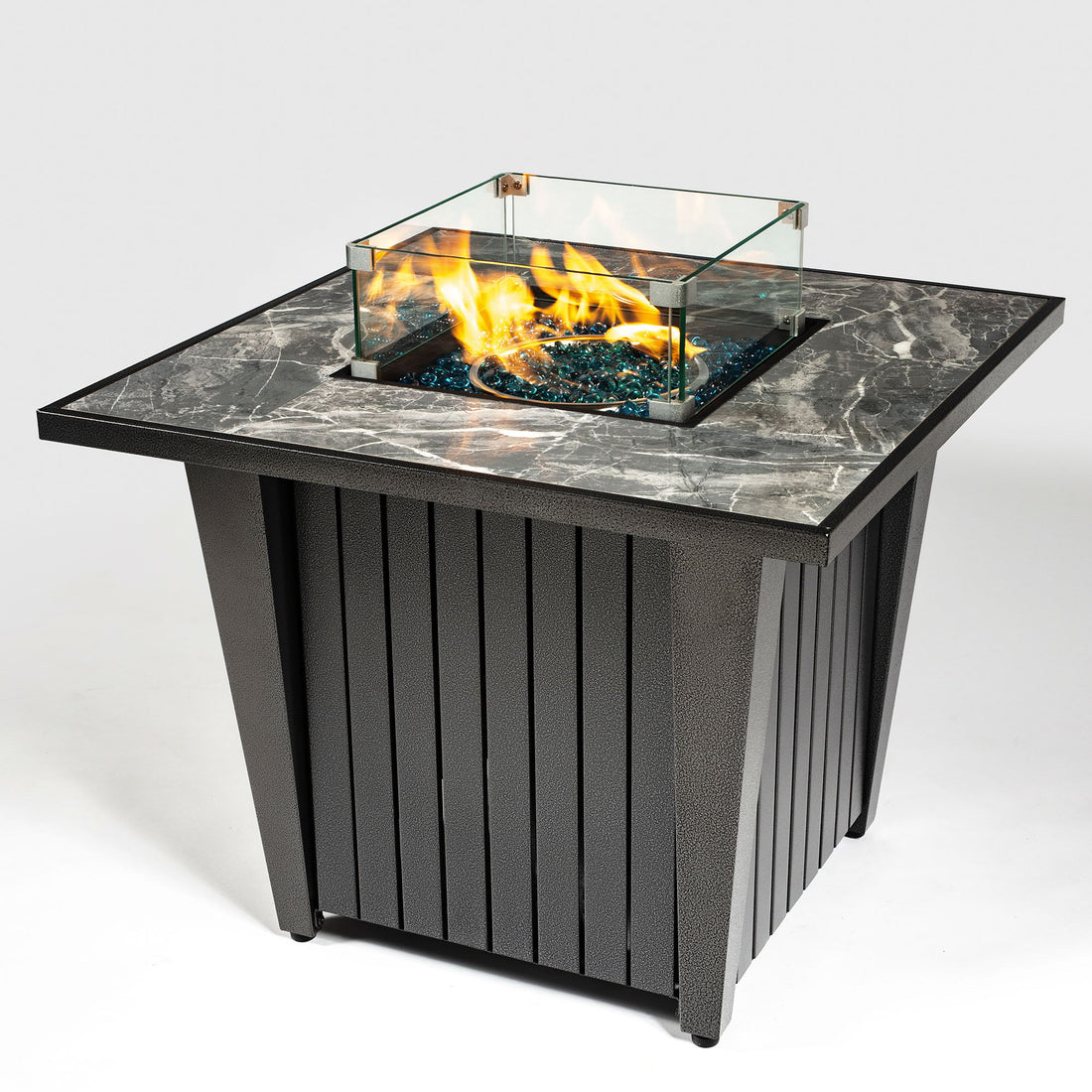 Morden Steel Fire Pit Table With Marble Tile Tabletop, Glass Wind Guard And Lid