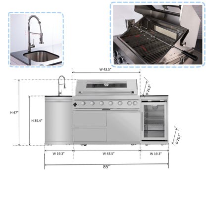 6 Burner 85, 000 Btu Deluxe Gas Outdoor Kitchen Island Grill With Wine Cooler Refrigerator, Rotisserie, Storage Cabinets &amp; Drawers - Silver