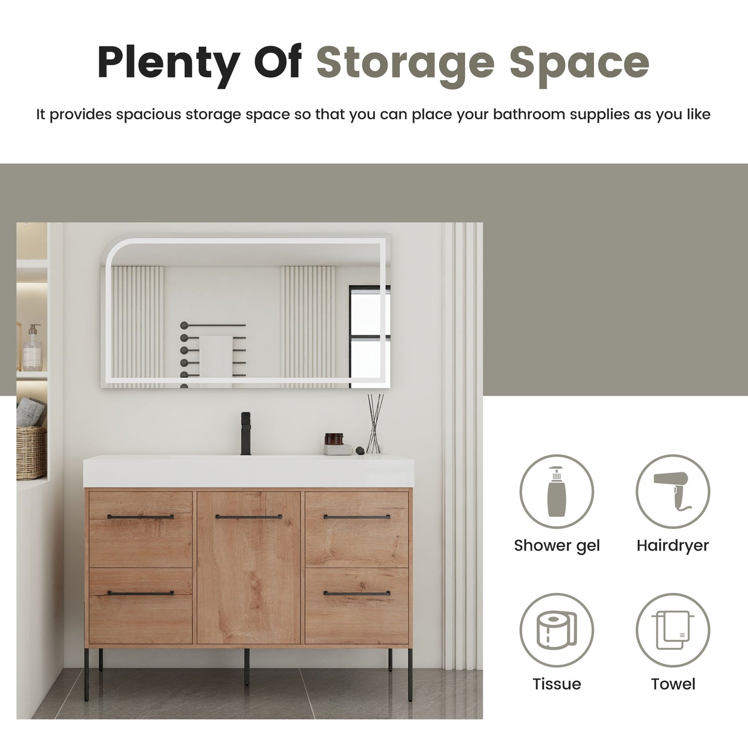 48" Freestanding Bathroom Vanity With Sink, Soft Close Cabinet Doors, 4 Drawers - Imitative Oak