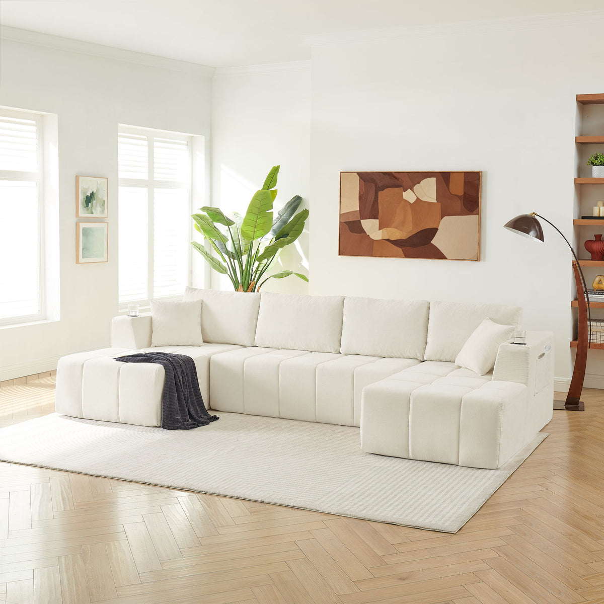 U - Shaped Sectional Sofa, Cup Holders &amp; Side Pockets For Living Room