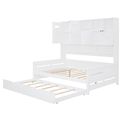 Full Size Wooden Daybed With Twin Size Trundle, And All In One Cabinet And Shelf - White
