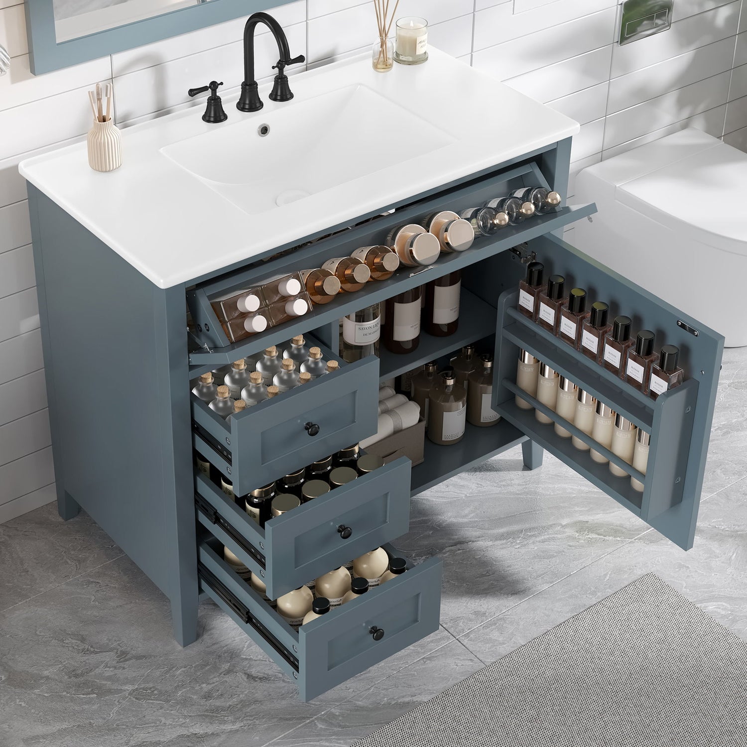 Bathroom Vanity With Sink, 3 Drawers &amp; Cabinet With Adjustable Shelves