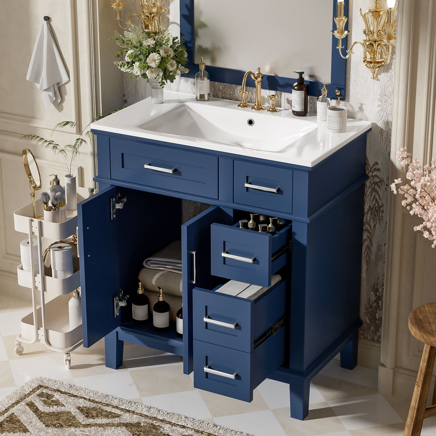 Modern Bathroom Vanity With Sink, Storage Cabinet, Soft Close Doors, Deep &amp; Standard Drawers