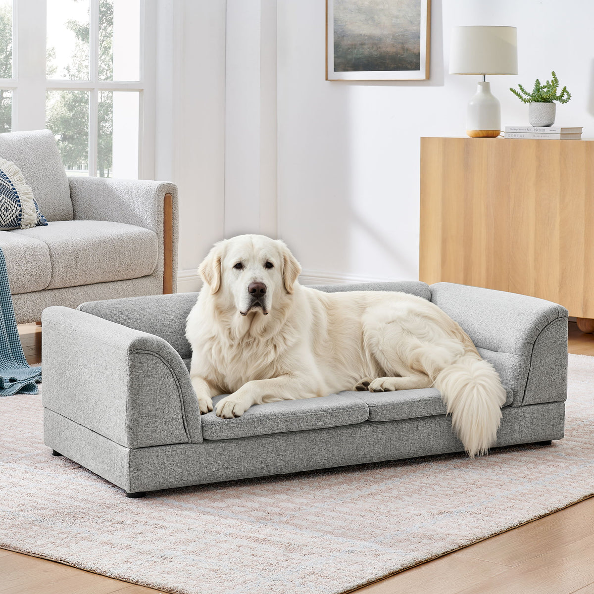 Oversized, Curved Armrest Rectangular Dog Sofa, For Large &amp; Oversized Dogs - Light Gray
