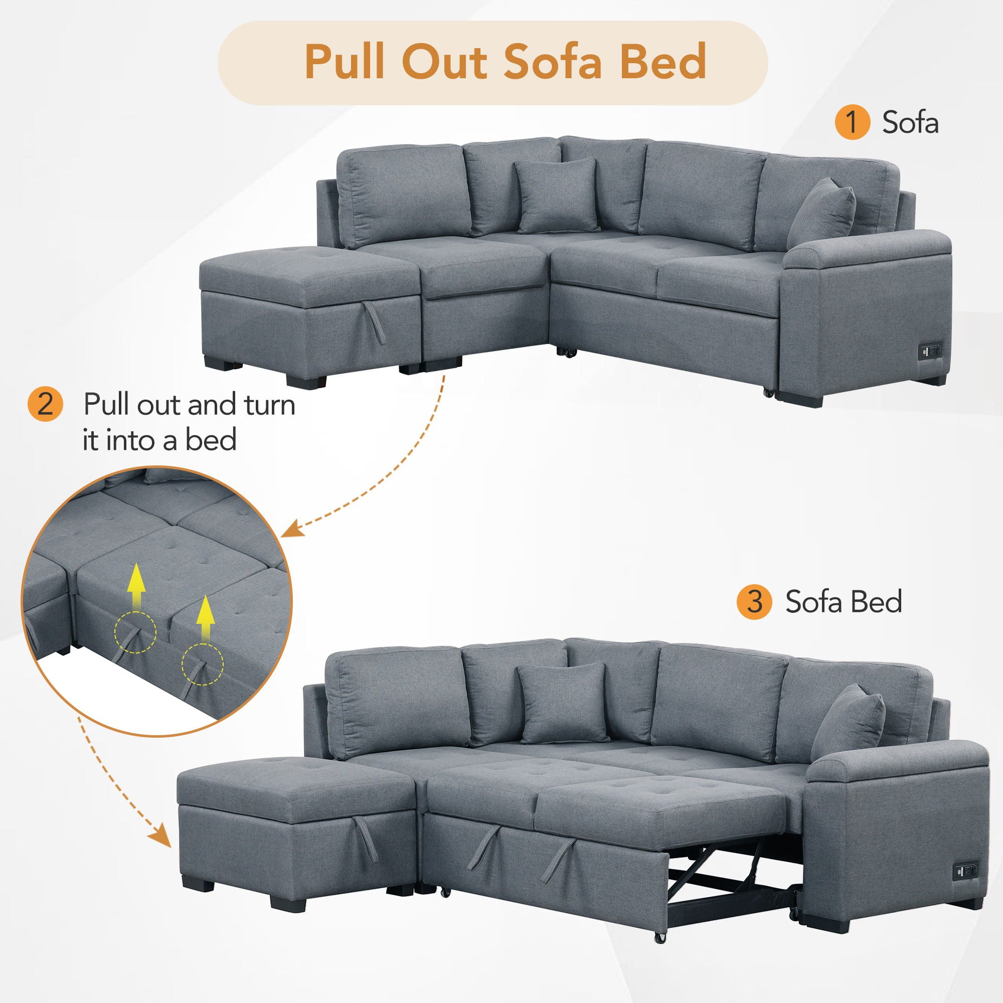Sleeper Sectional Sofa, L-Shape Corner Couch Sofa Bed With Storage Ottoman &amp; Hidden Arm Storage &amp; USB Charge For Living Room Apartment