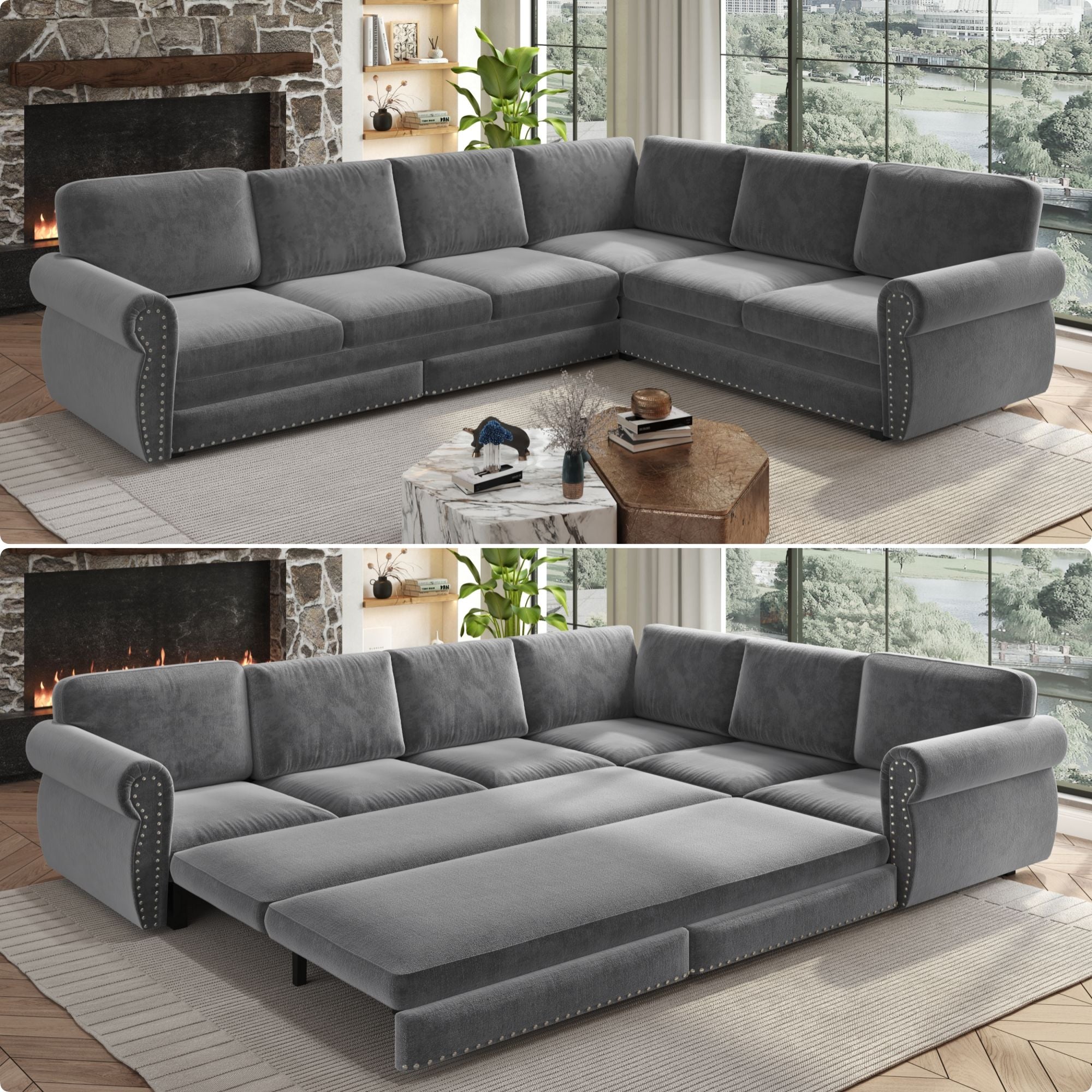 L-Shaped Sofa Couch With Pull Out Bed With Nailhead Trim &amp; Rolled Arm