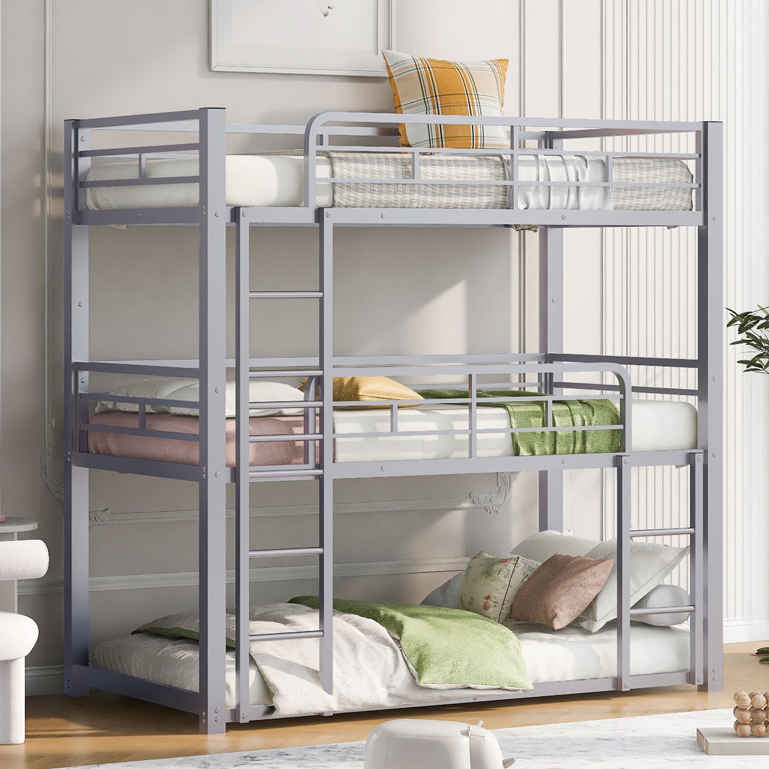 Triple Bunk Bed With Sturdy Construction And Space Saving Design