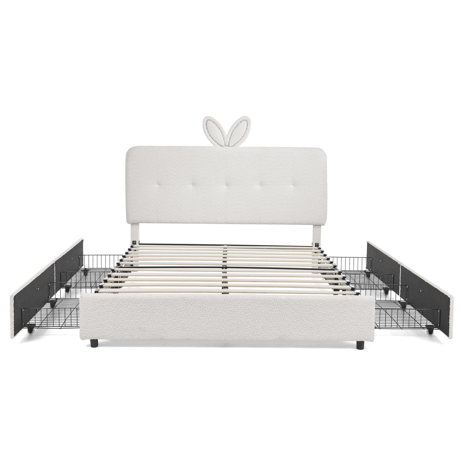 Upholstered Bed With Oversized Rabbit Ear Headboard, LED Lights &amp; 4 Storage Drawers