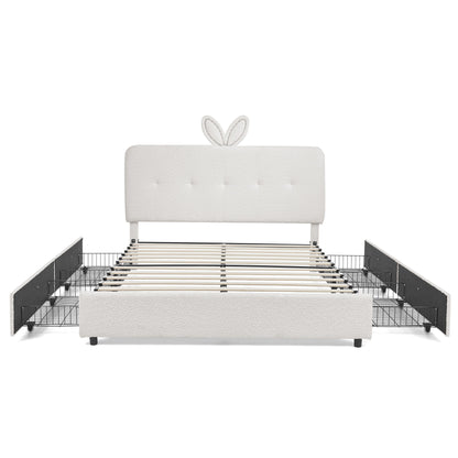 Upholstered Bed With Oversized Rabbit Ear Headboard, LED Lights &amp; 4 Storage Drawers
