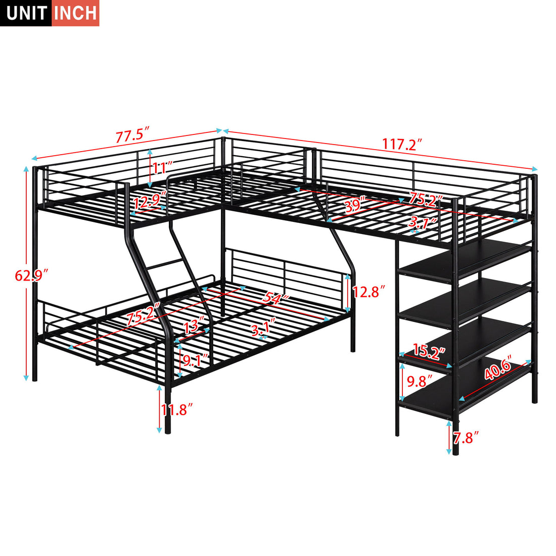 L-Shaped Twin Over Full Bunk Bed And Twin Loft Bed With 4 Built In Shelves - Black