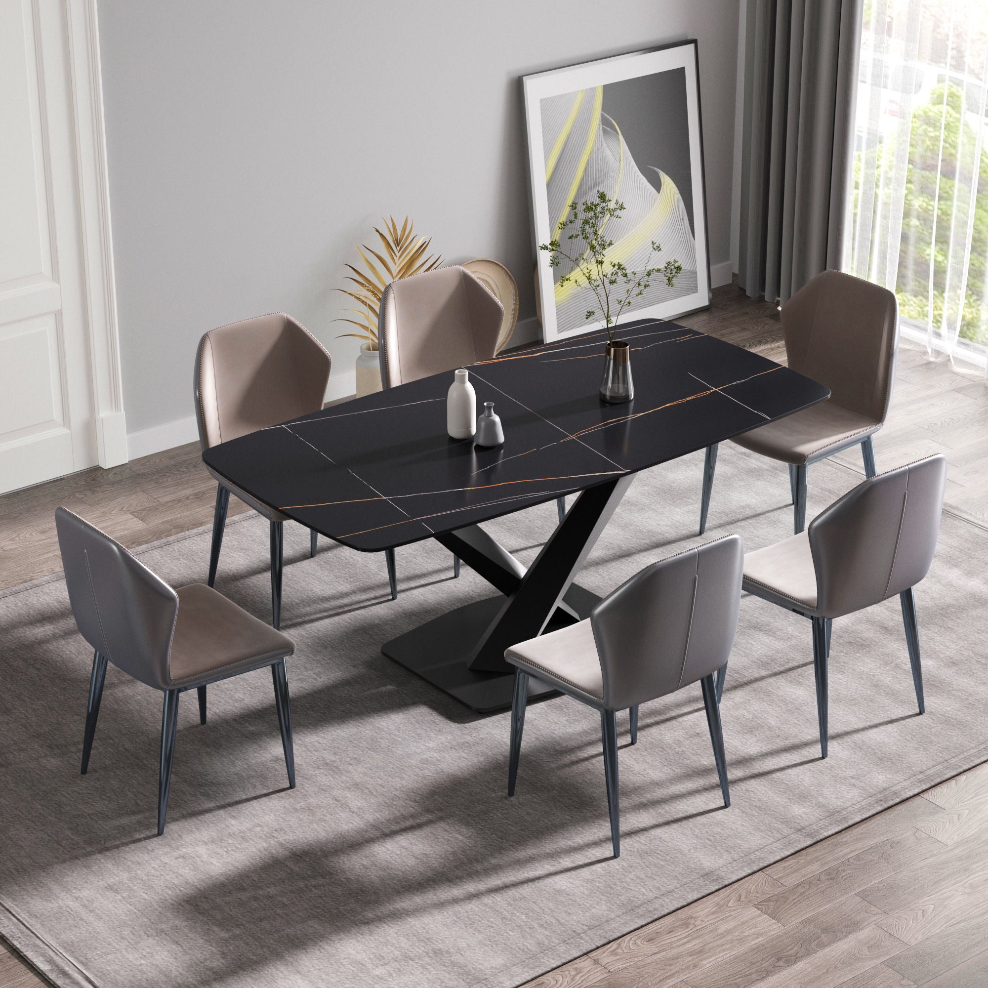 70.87&quot; Modern Artificial Stone Black Curved Black Metal Leg Dining Table, Can Accommodate 6-8 People - Black