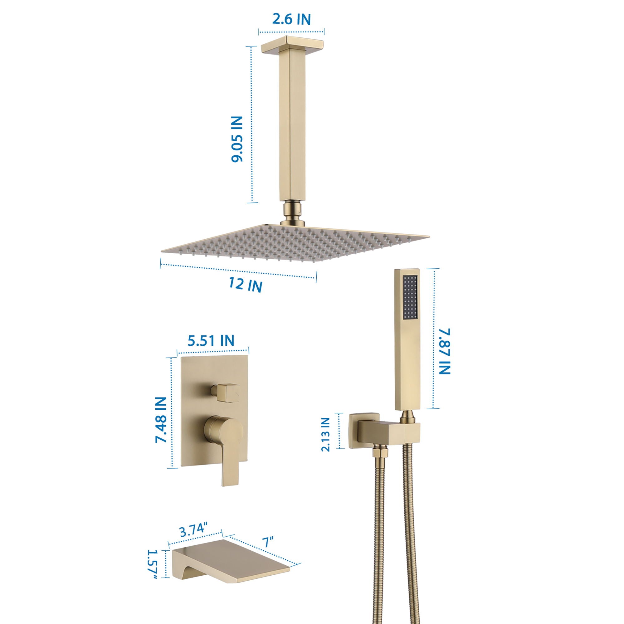 Contemporary Shower System With 12&quot; Rainfall Head And Handheld Spray, Wall Mounted
