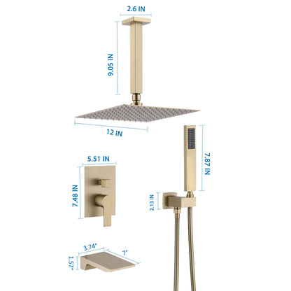 Contemporary Shower System With 12&quot; Rainfall Head And Handheld Spray, Wall Mounted