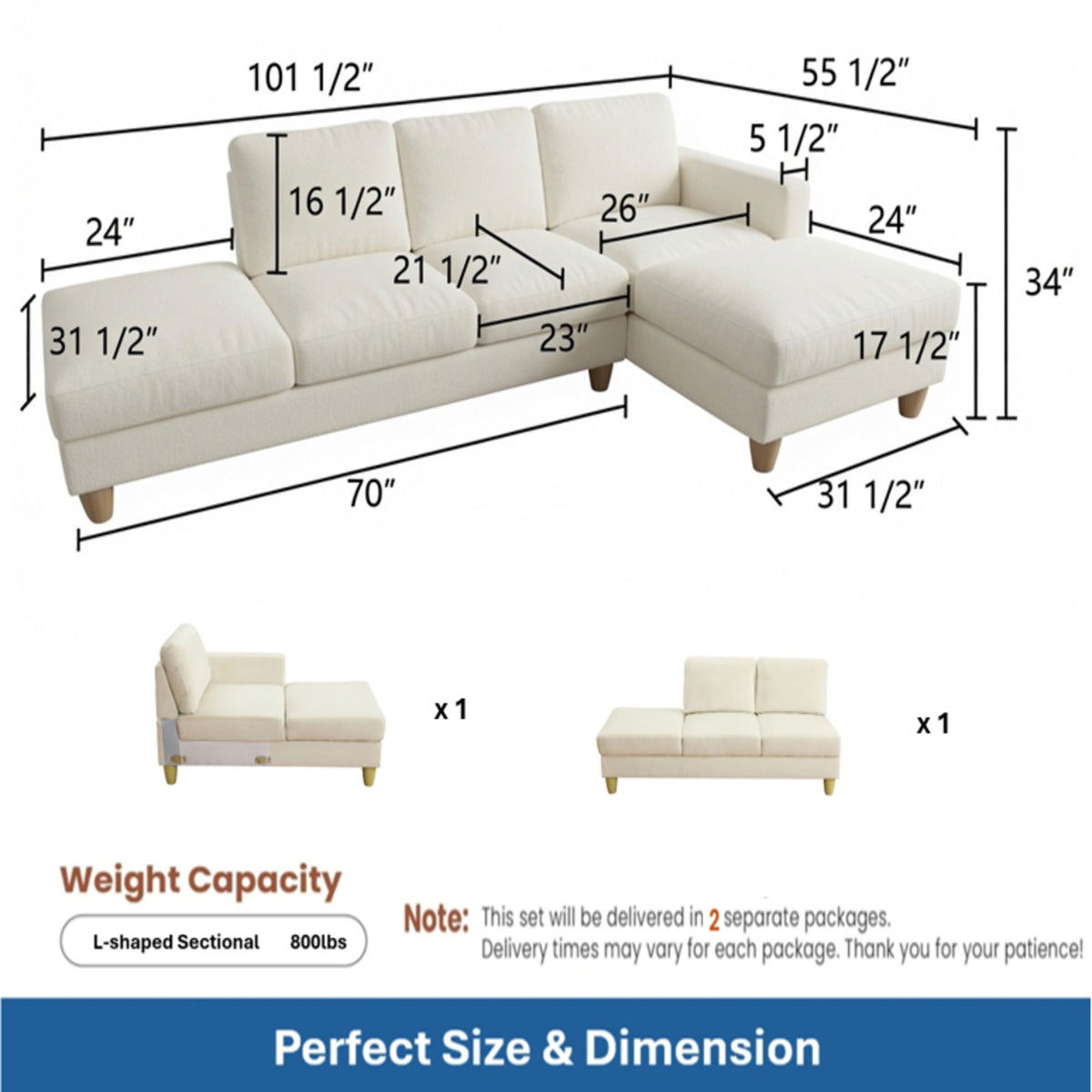 L - Shaped Sectional Sofa With Chaise &amp; Ottoman