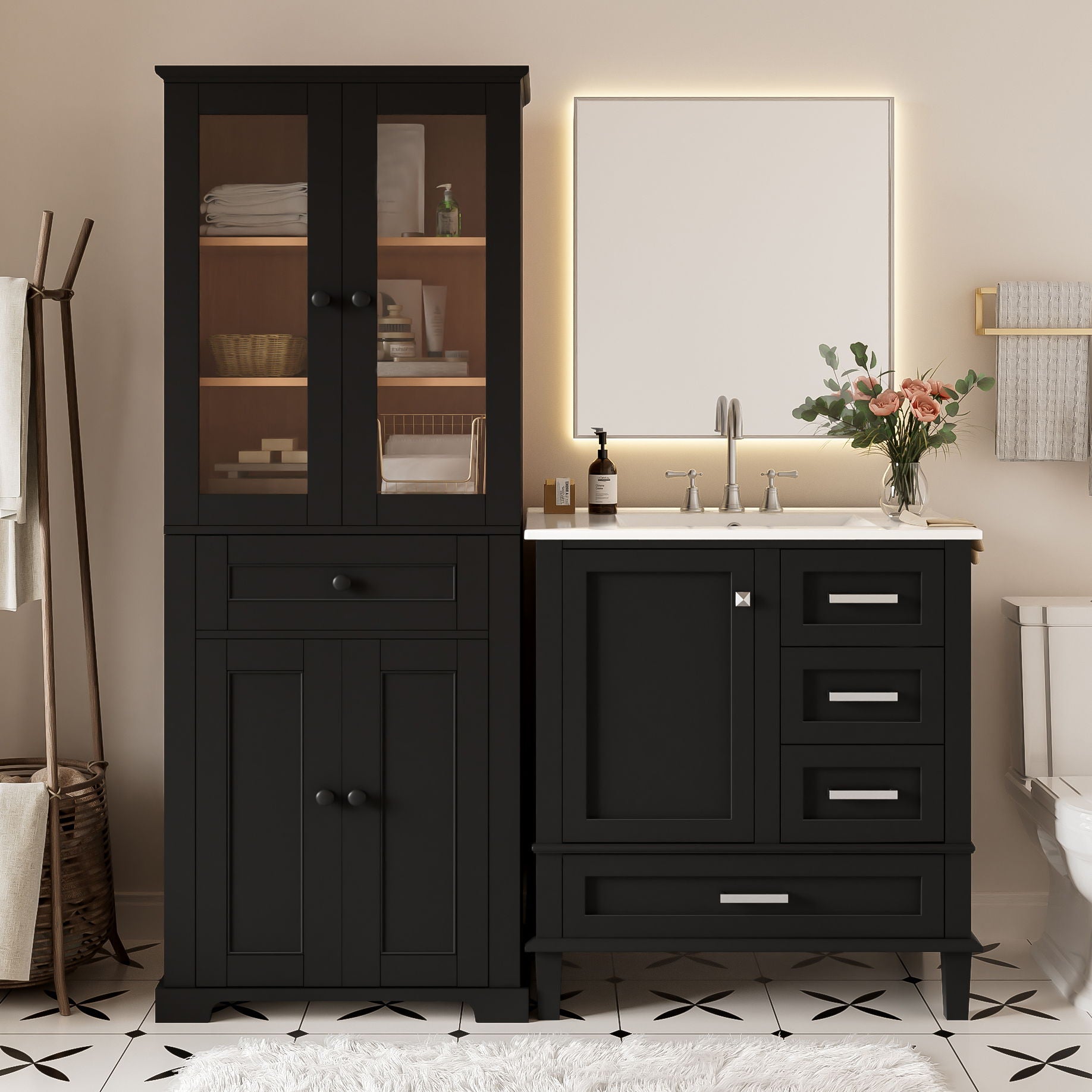 Bathroom Vanity &amp; Tall Storage Cabinet Set With Doors, Adjustable Shelves, Soft Close Hinges, Sink
