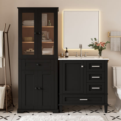 Bathroom Vanity &amp; Tall Storage Cabinet Set With Doors, Adjustable Shelves, Soft Close Hinges, Sink
