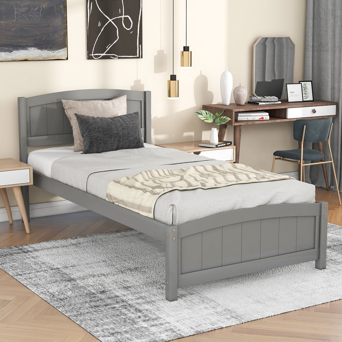 Platform Bed &amp; Headboard, Footboard And Wood Slat Support