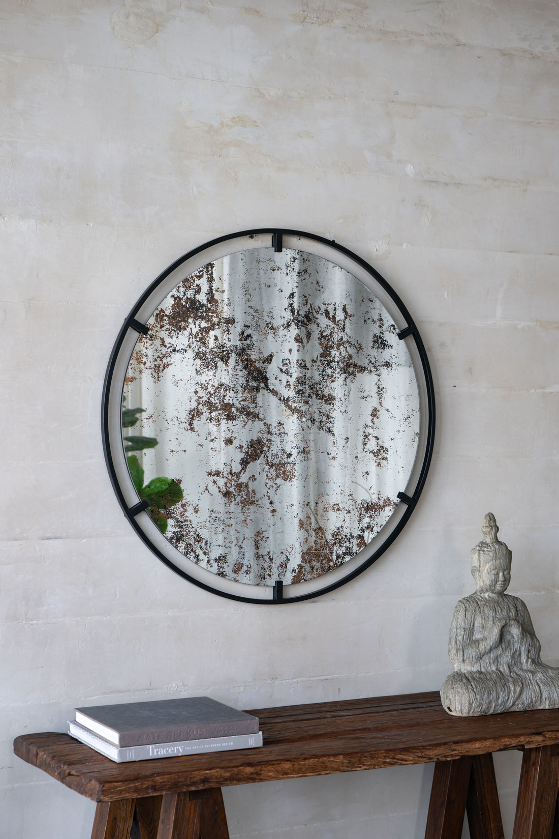 Theodor - Mirror With Industrial Design Round Mirror With Metal Frame For Wall Decor &amp; Entryway Console Lean Against Wall - Black