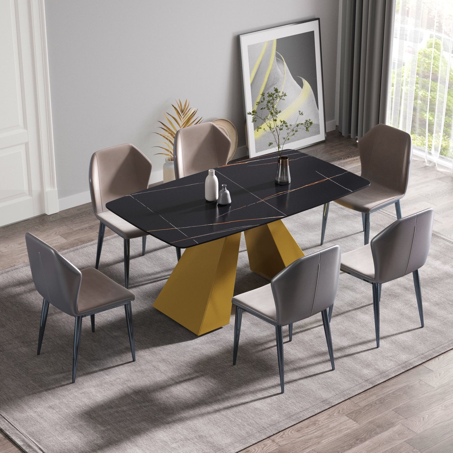 63&quot; Artificial Stone Black Curved Golden Metal Leg Dining Table, 6 People - Black / Gold