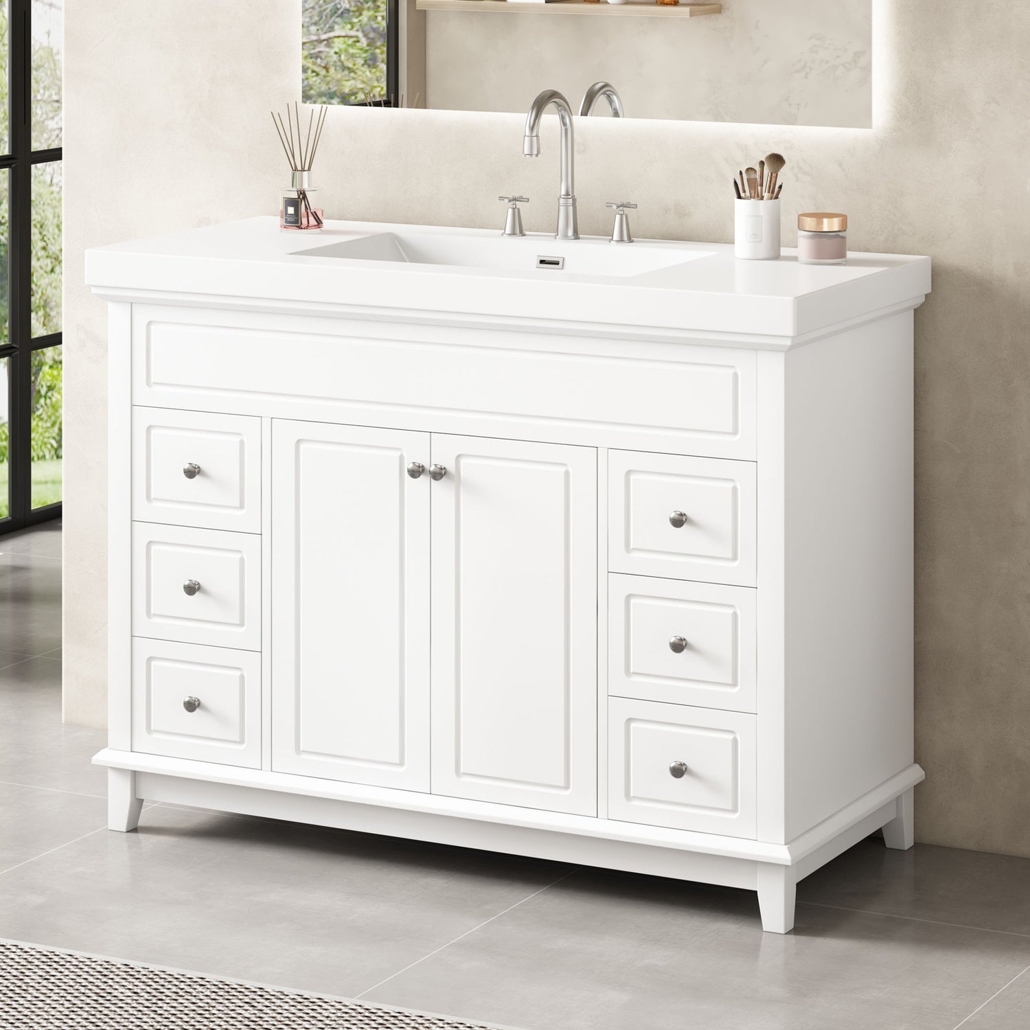 Bathroom Vanity &amp; Sink, 6 Soft Close Drawers &amp; Double Doors - White