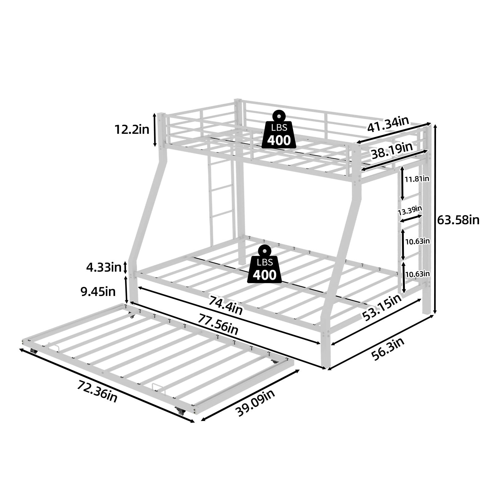 Bunk Bed For Kids, Convertible Frame With Ladders &amp; Guardrail