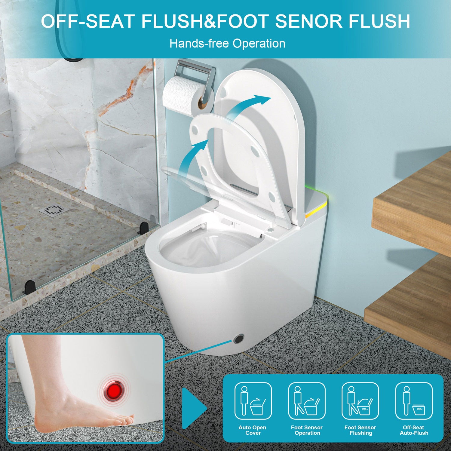 Smart Toilet With Bidet Built In, Auto Open &amp; Close, Elongated Heated Seat, Foot Sensor Flush, LED Display, Warm Water Wash - White