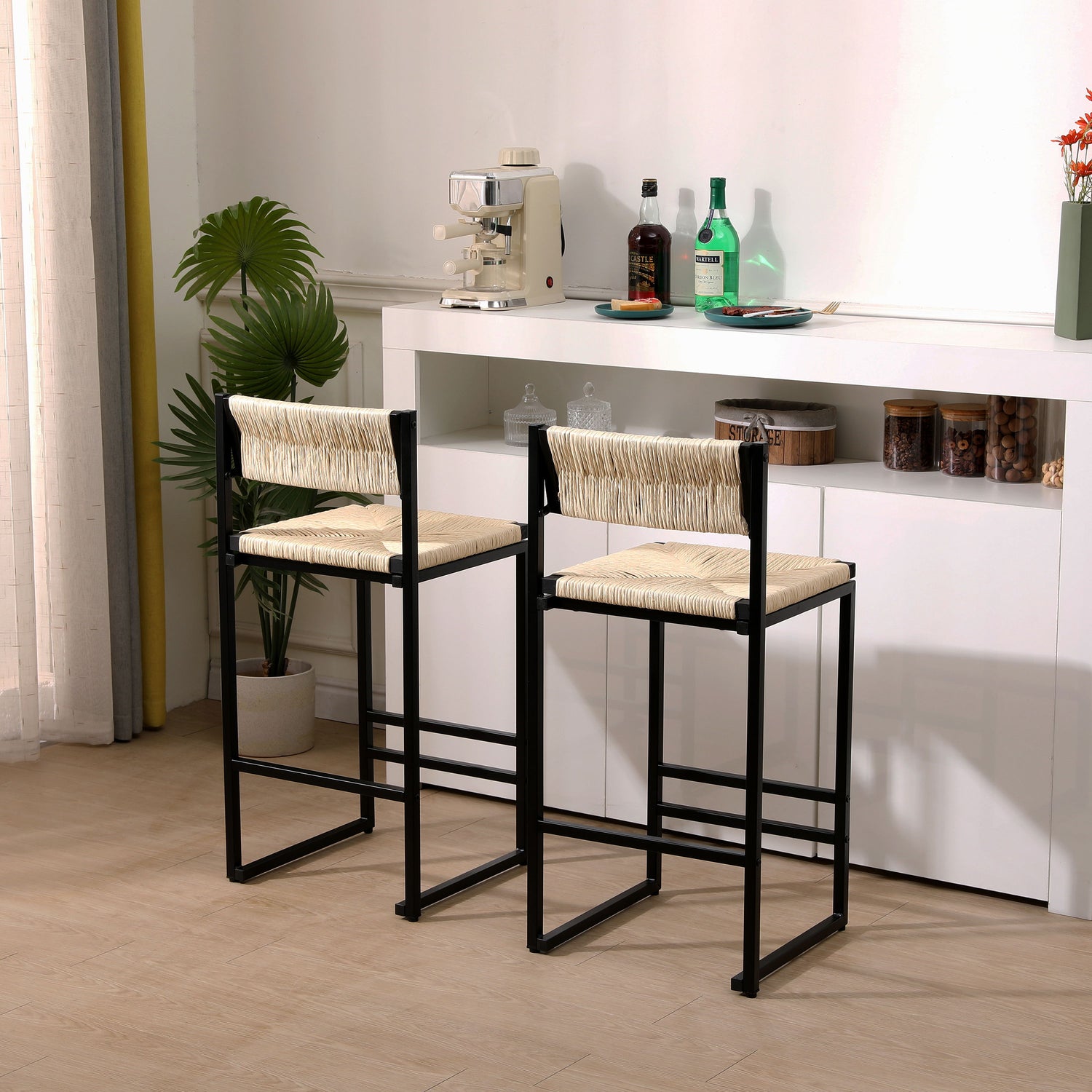 Bar Stools Paper Rope Weave Dining Chairs With Back Hand Weave Stools For Kichen Island, Bar &amp; Counter (Set of 2)