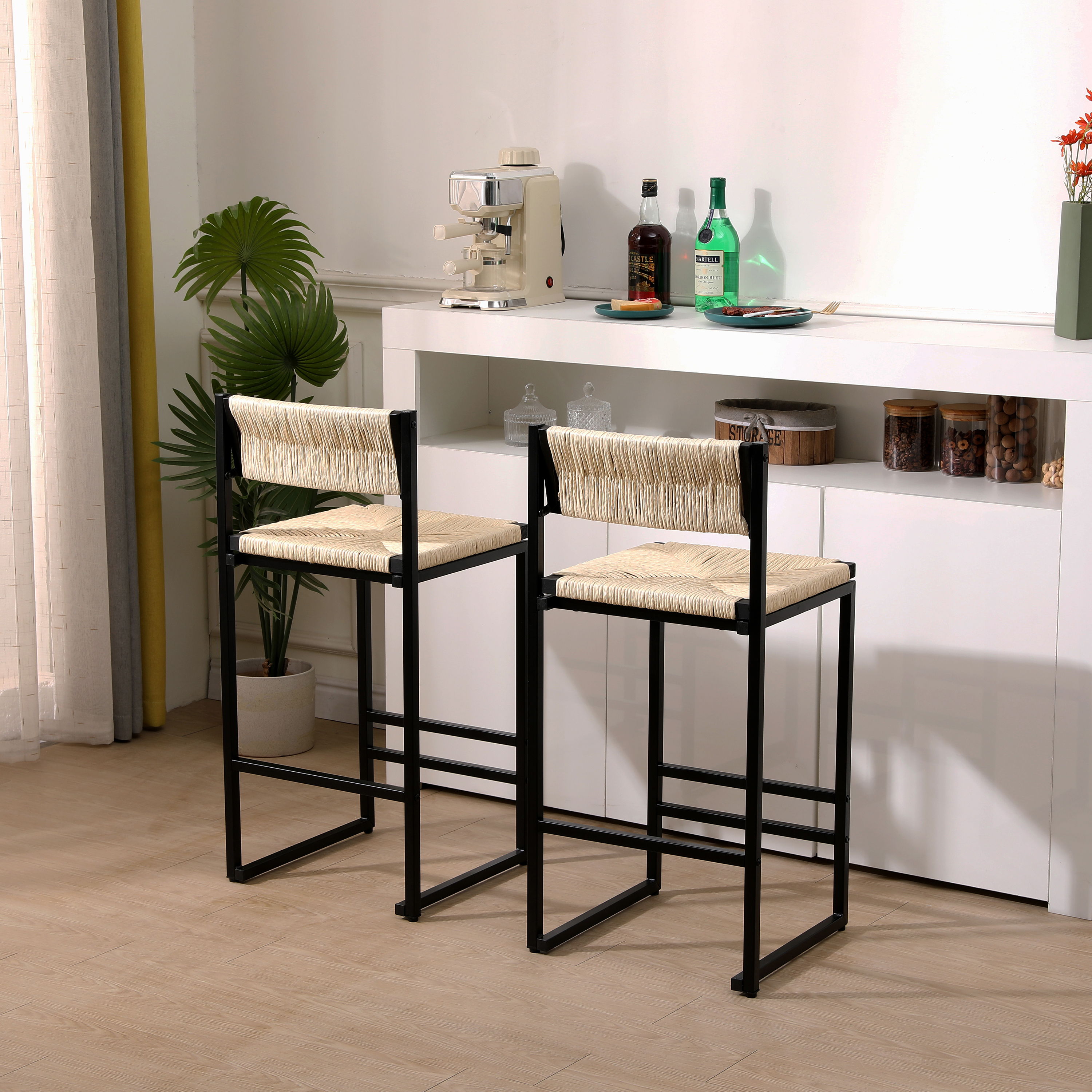 Bar Stools Paper Rope Weave Dining Chairs With Back Hand Weave Stools For Kichen Island, Bar &amp; Counter (Set of 2)