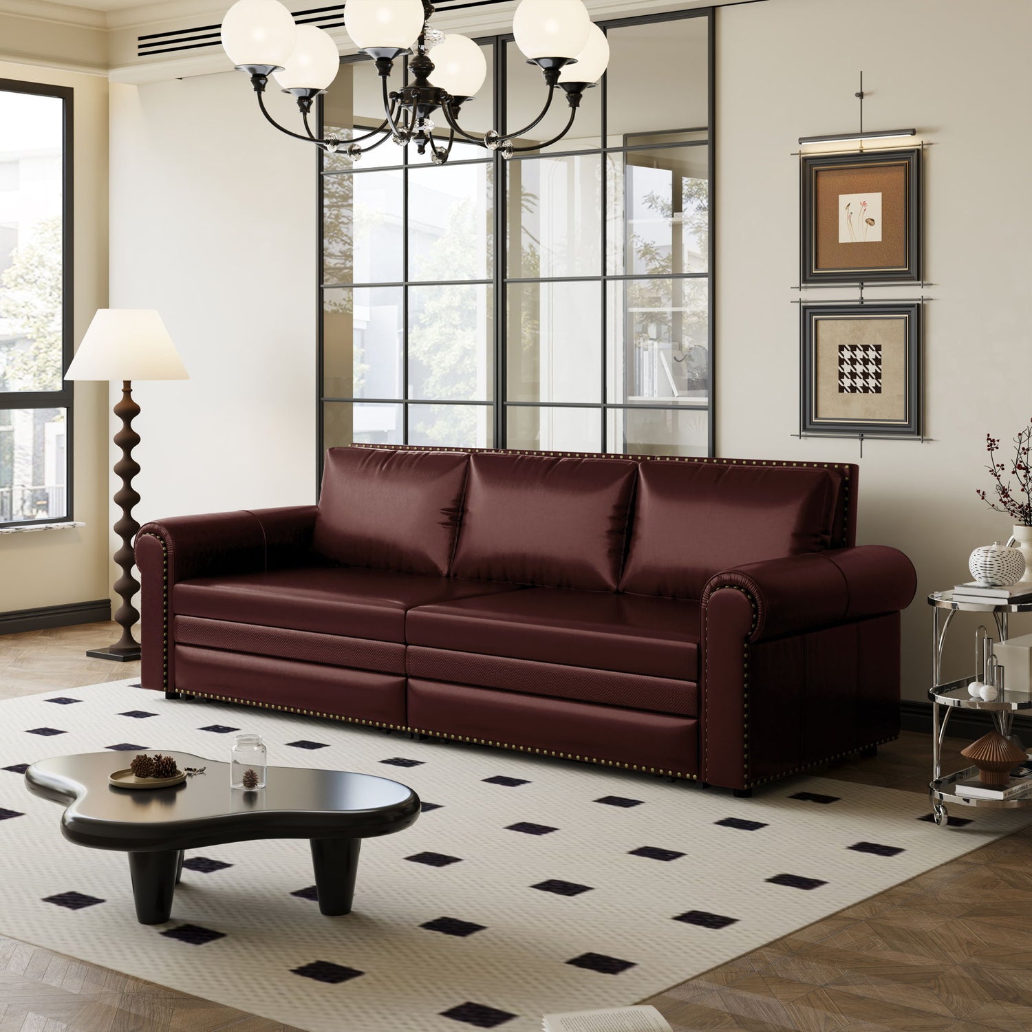 3 In 1 Convertible Sleeper Sofa With Nailhead Trim &amp; Rolled Arm