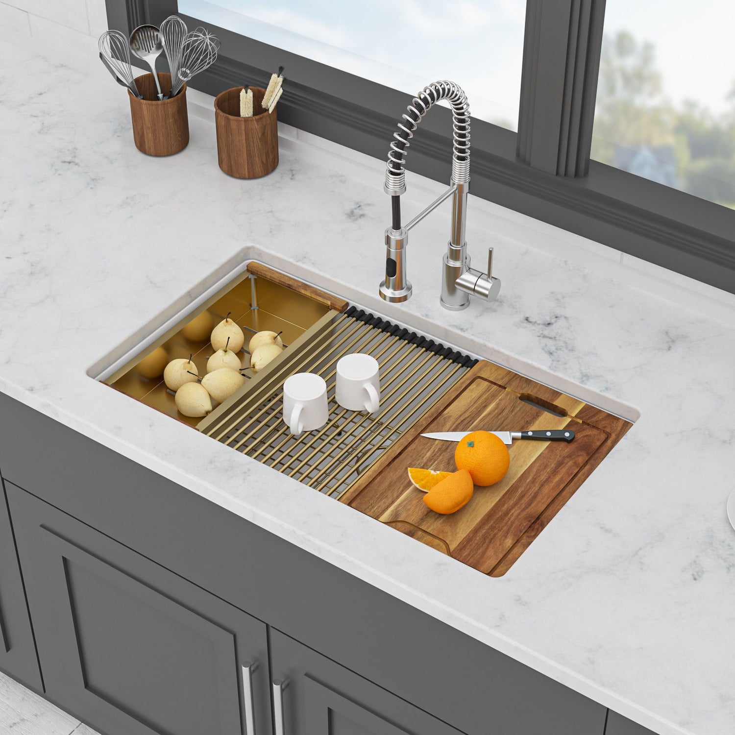 Quartz Composite Kitchen Sink With Undermount Design, Durable Single Bowl Workstation