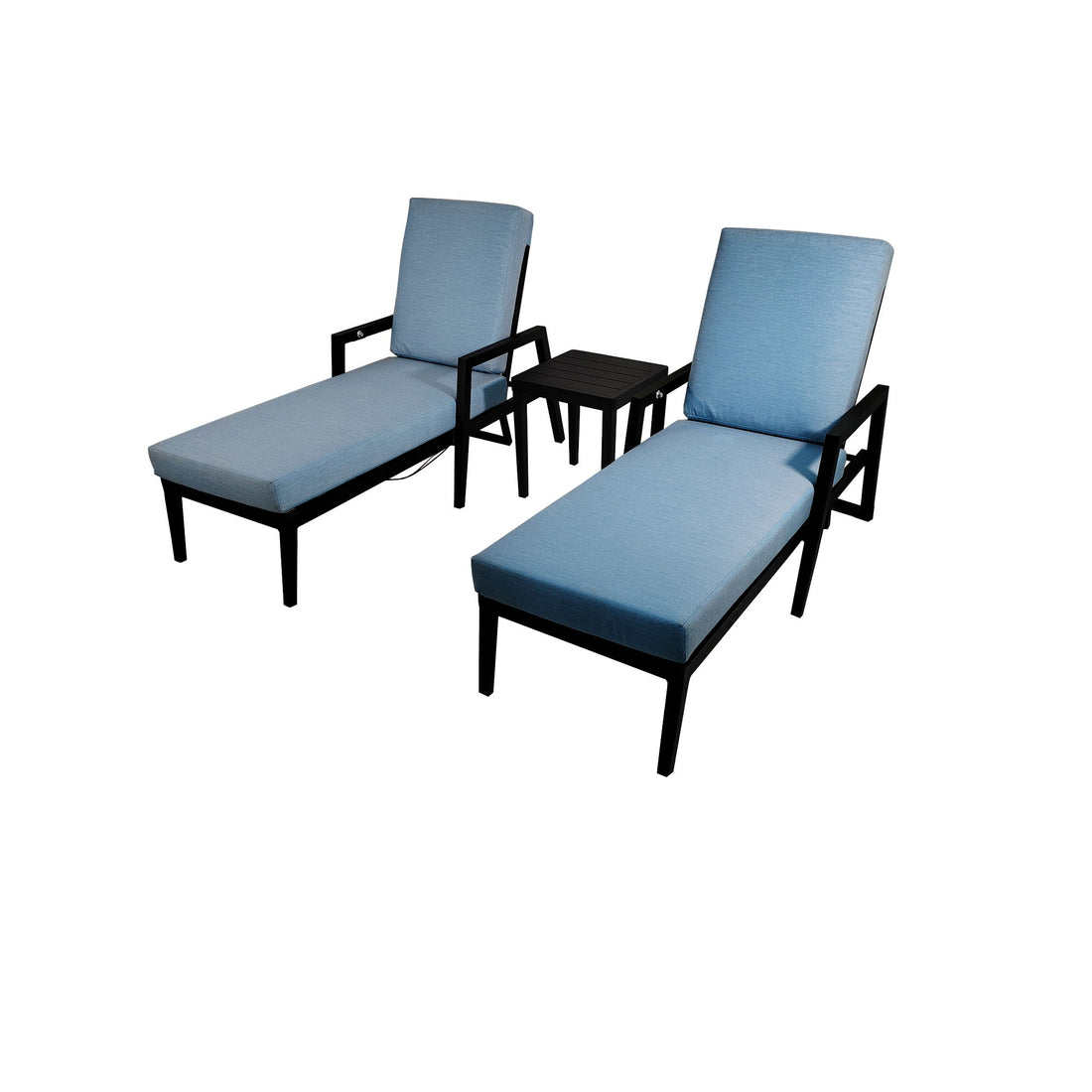 3 Piece Outdoor Patio Lounge Set, 2 Chaise &amp; 1 End Table With Modern Tapered Feet, Pneumatic Adjustable Backrest, Wheels, Sunbrella Cushion - Ember Black / Blue