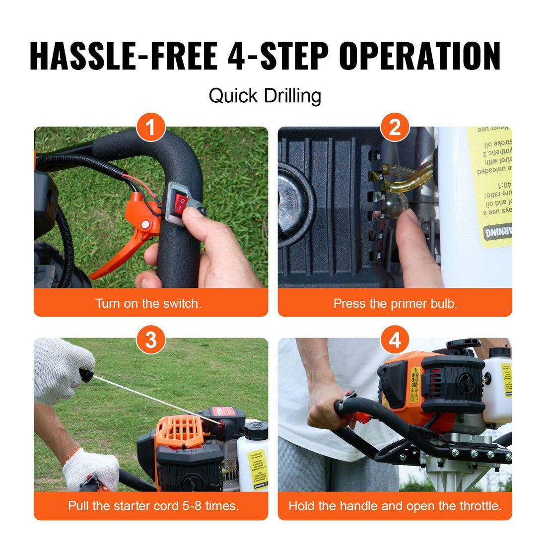 Vevor Gas Post Hole Digger 52Cc 1450W With 8 Drill Bits &amp; Extension Rod Aluminium Alloy - Black