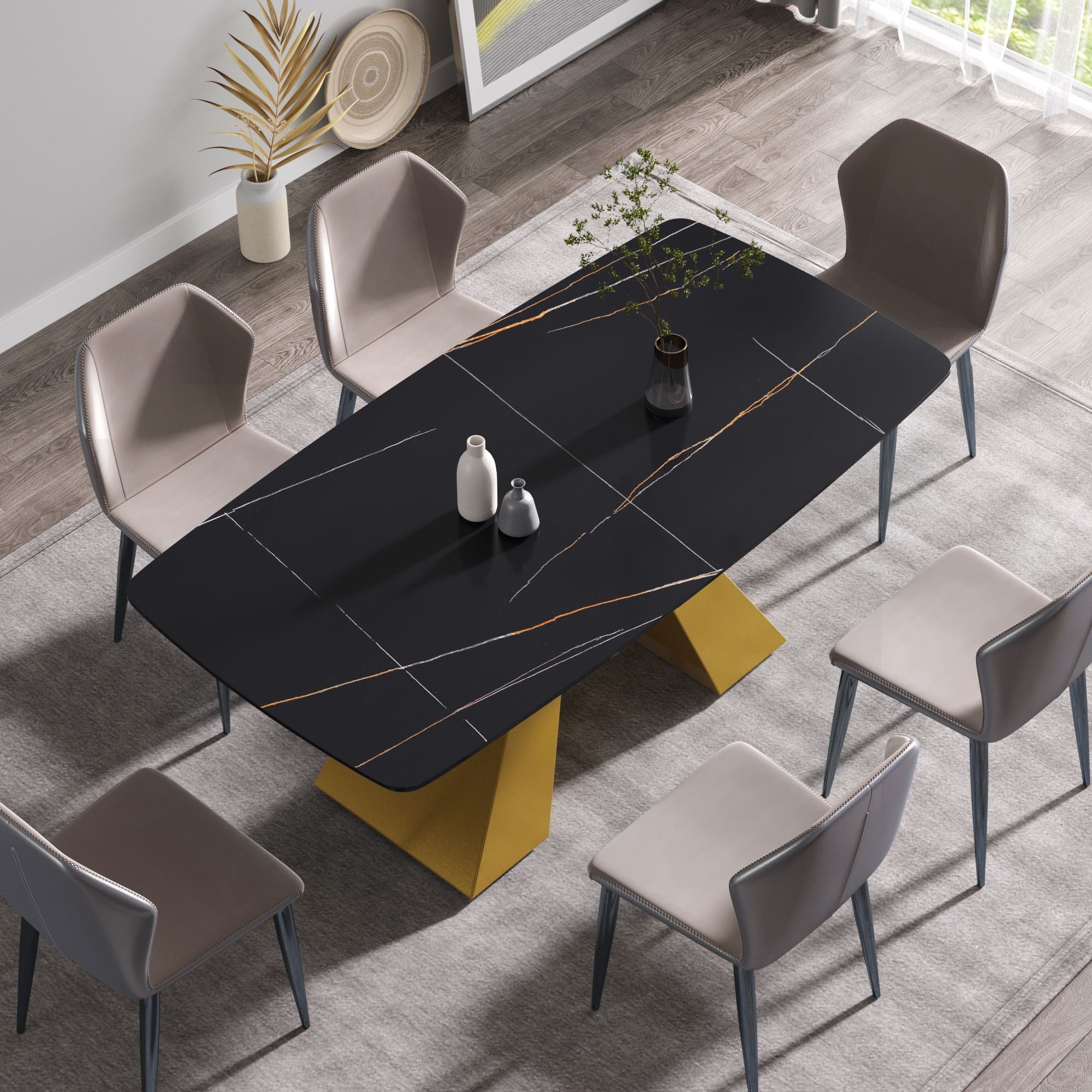 70.87&quot; Modern Artificial Stone Curved Metal Leg Dining Table, Can Accommodate 6-8 People - Black / Gold