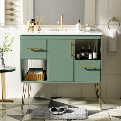 Bathroom Vanity With Resin Sink Combo Set, Modern Freestanding Single Bathroom Cabinet With 2 Drawers &amp; 2 Storage Compartments, Storage Cabinet For Bathroom, Frame Vanity Set - Green