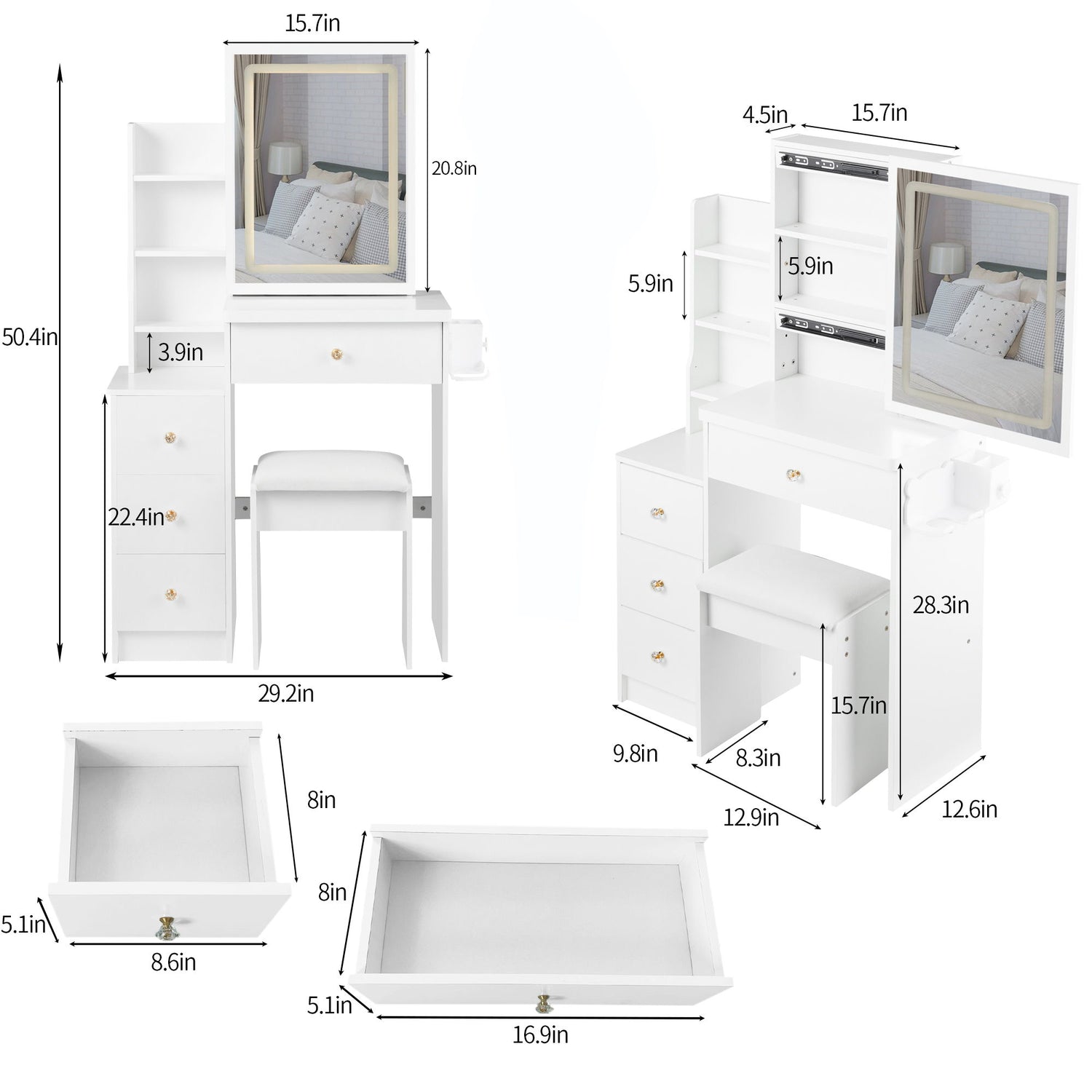 Cabinet Vanity Table &amp; Cushioned Stool, USB Power Station, Hair Dryer Bracket - White