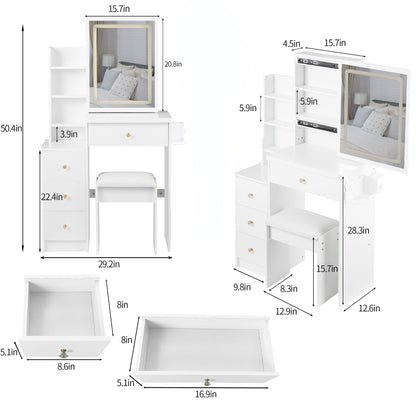 Cabinet Vanity Table &amp; Cushioned Stool, USB Power Station, Hair Dryer Bracket - White