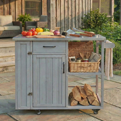Outdoor Kitchen Island Prep Station With Lockable Wheels, Ample Storage, Towel &amp; Spice Racks
