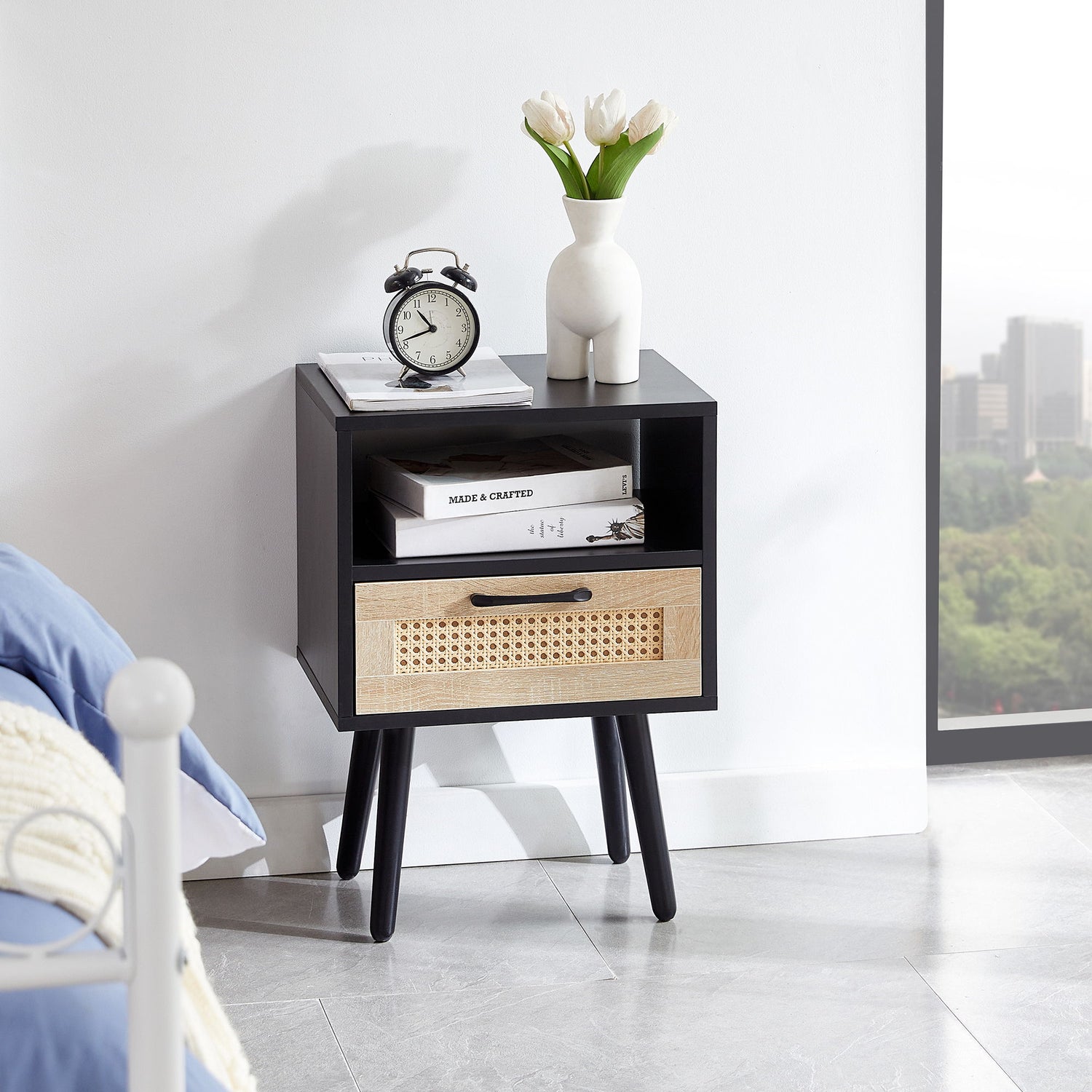 15.75&quot; Rattan End Table With Drawer And Solid Wood Legs, Modern Nightstand, Side Table For Living Room, Bedroom