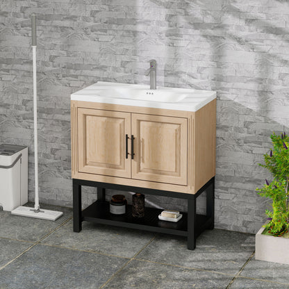Modern Freestanding Bathroom Vanity With Ceramic Sink, Hot And Cold Faucet, Storage Cabinet &amp; Open Shelf