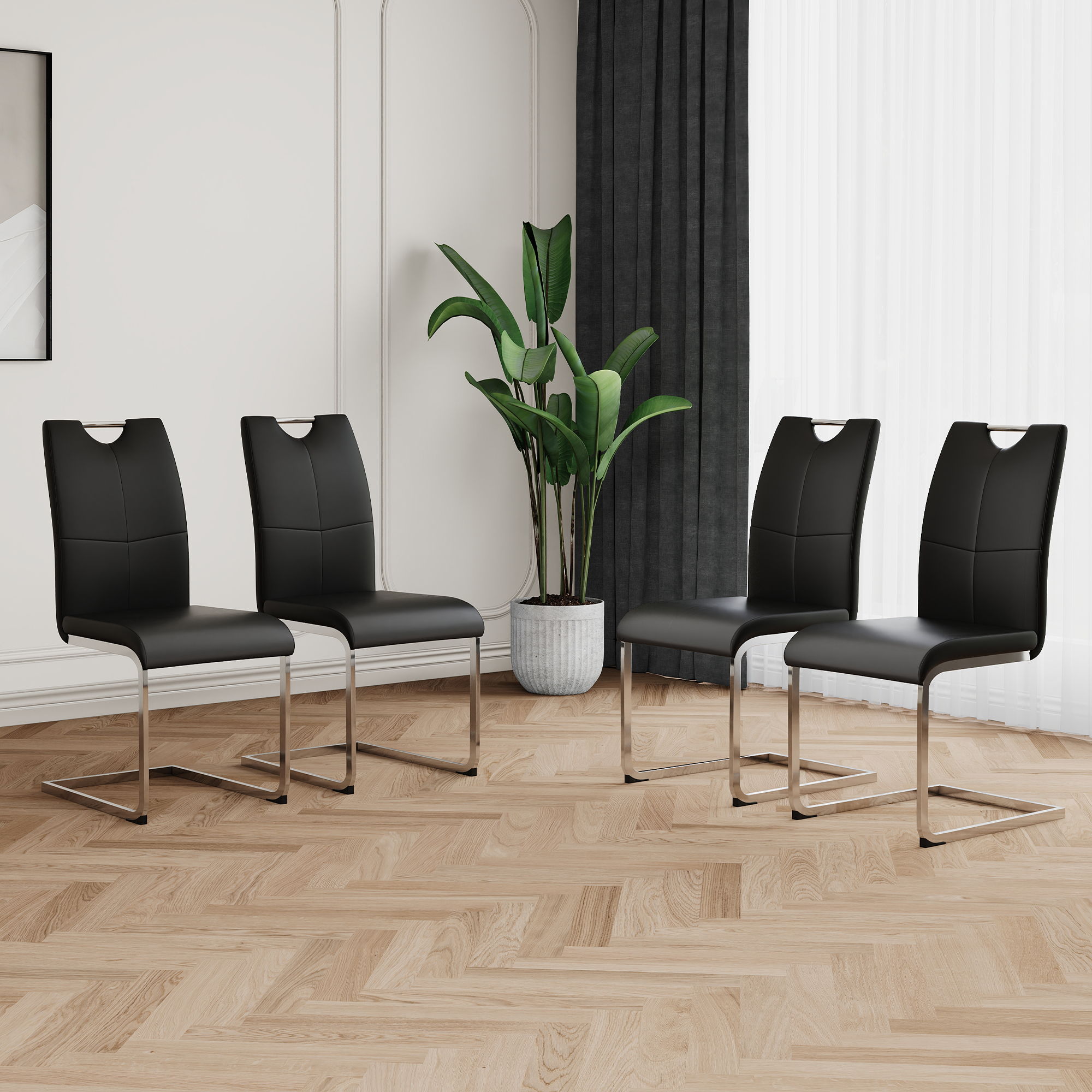 Modern Dining Chairs With Faux Leather Padded Seat Dining Living Room Chairs Upholstered Chair With Chrome Metal Legs Design Side Chairs (Set of 4) - Black / Silver
