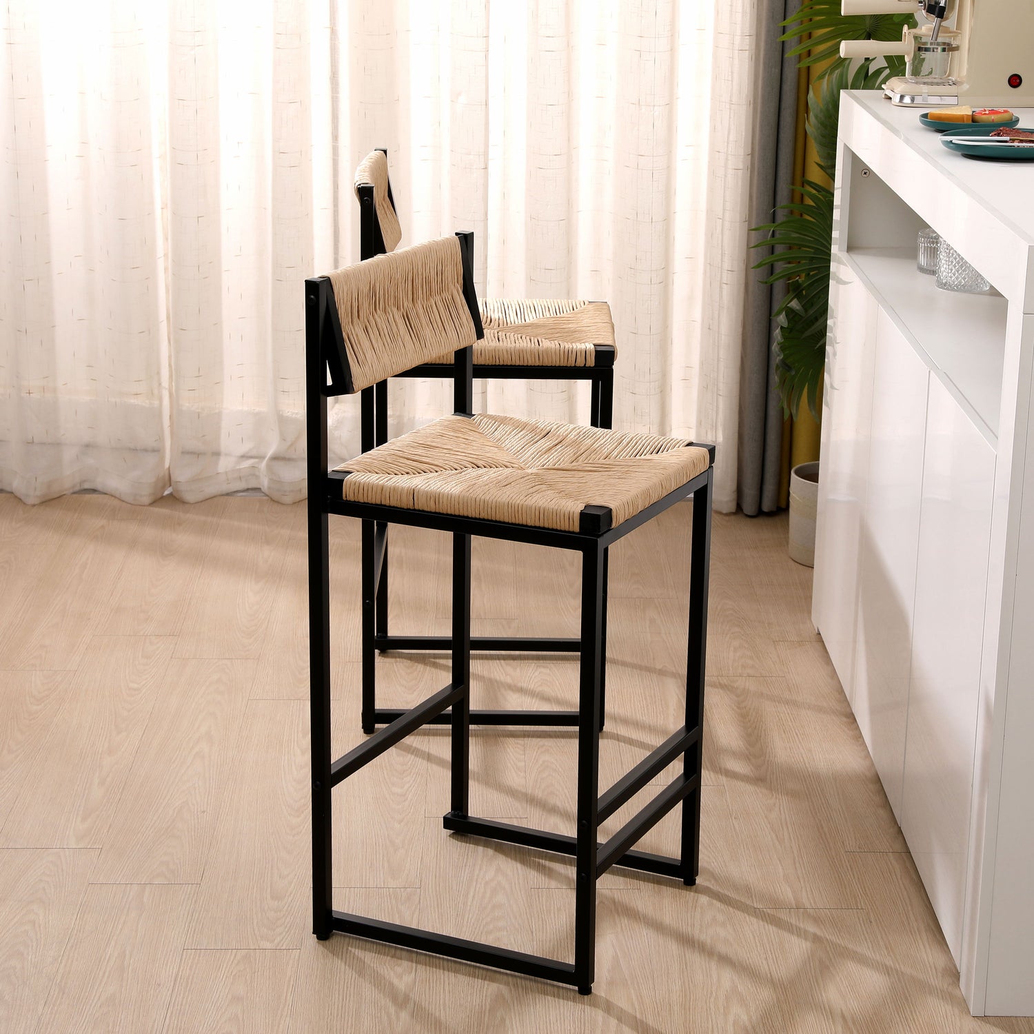 Bar Stools Paper Rope Weave Dining Chairs With Back Hand Weave Stools For Kichen Island, Bar &amp; Counter (Set of 2)