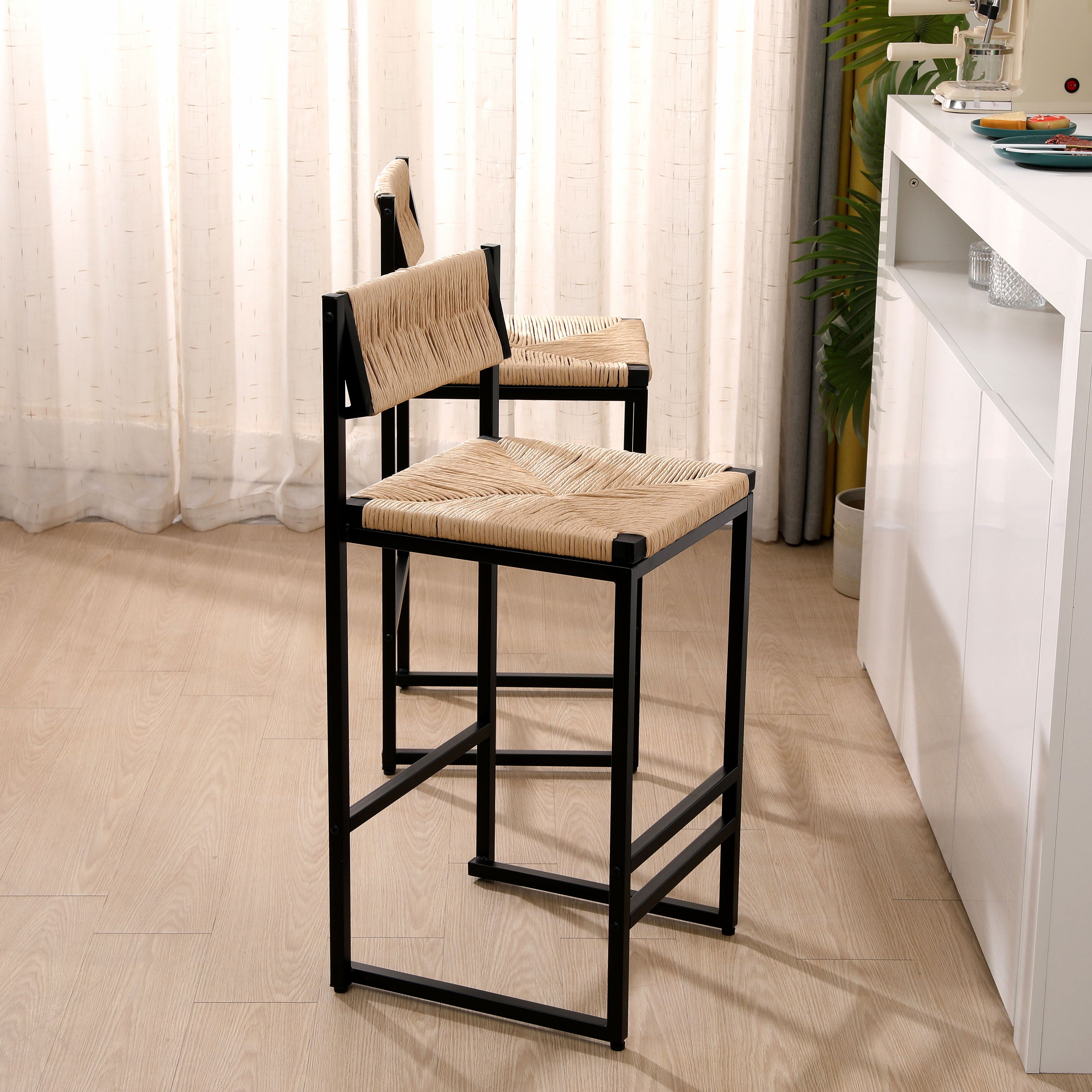 Bar Stools Paper Rope Weave Dining Chairs With Back Hand Weave Stools For Kichen Island, Bar &amp; Counter (Set of 2)