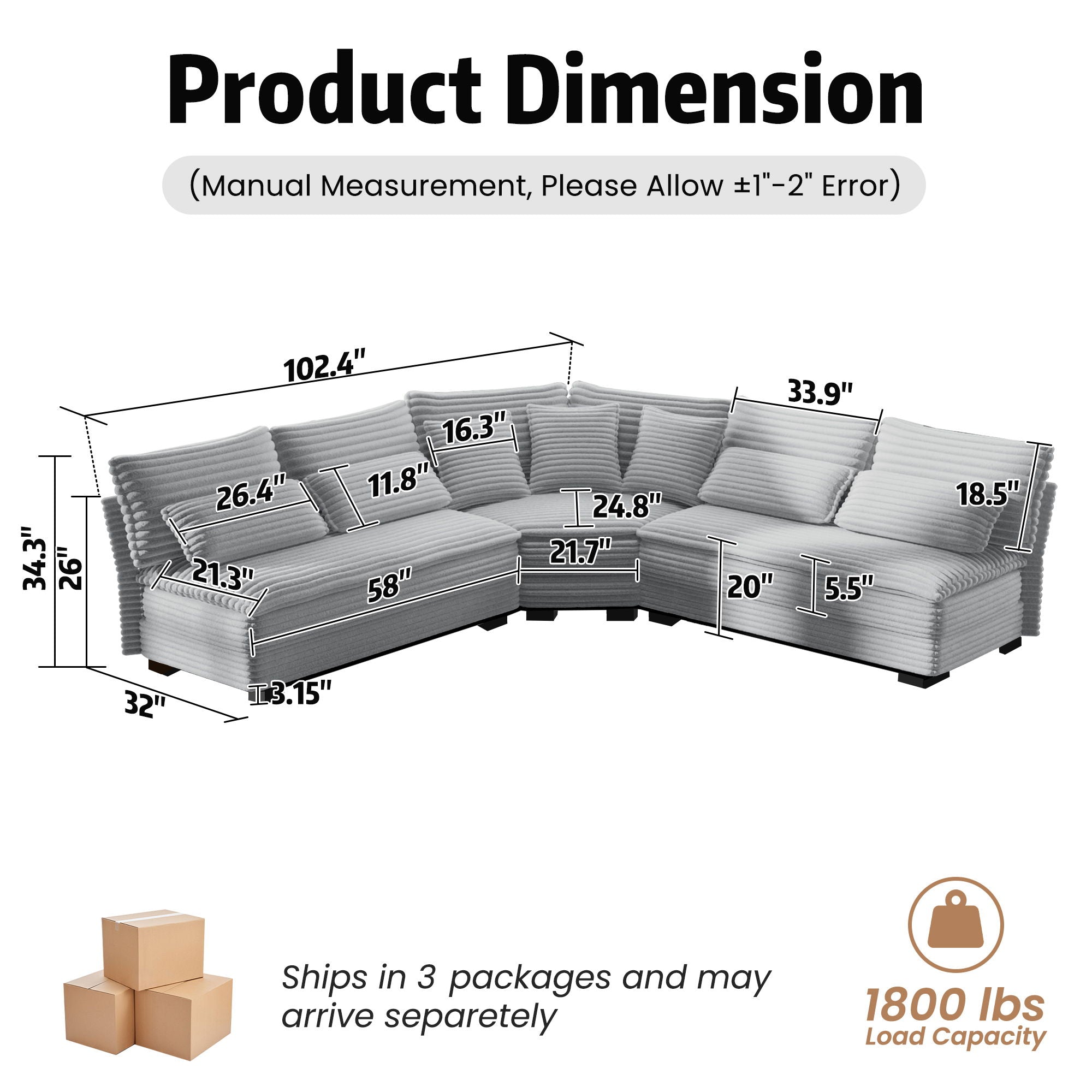 5 Seater L Shaped Sectional Sofa With Curved Corner, 7 Pillows