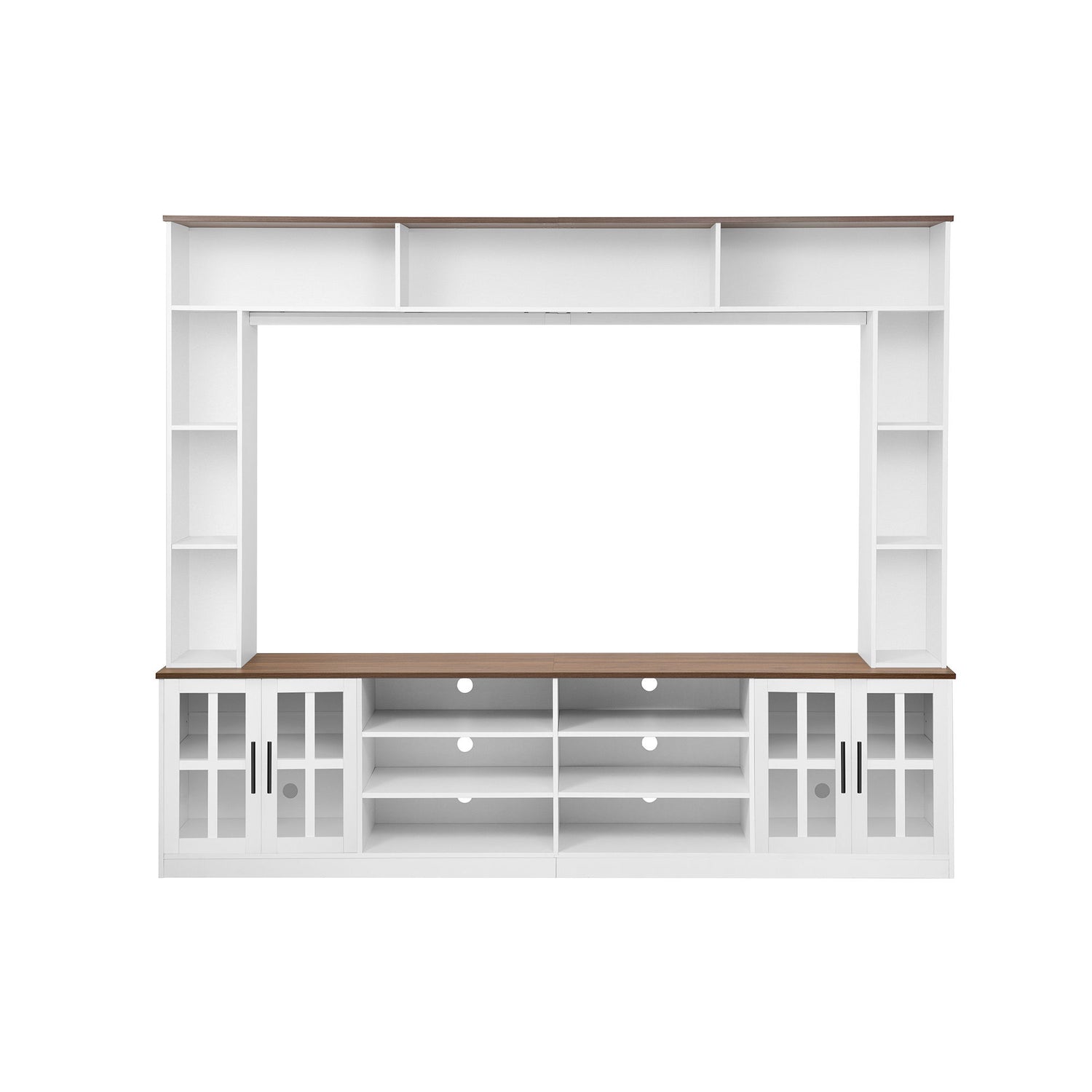 Wall Unit Entertainment Center With Bookshelves For TVs Up To 80&quot;, Tempered Glass Doors And Adjustable Shelves