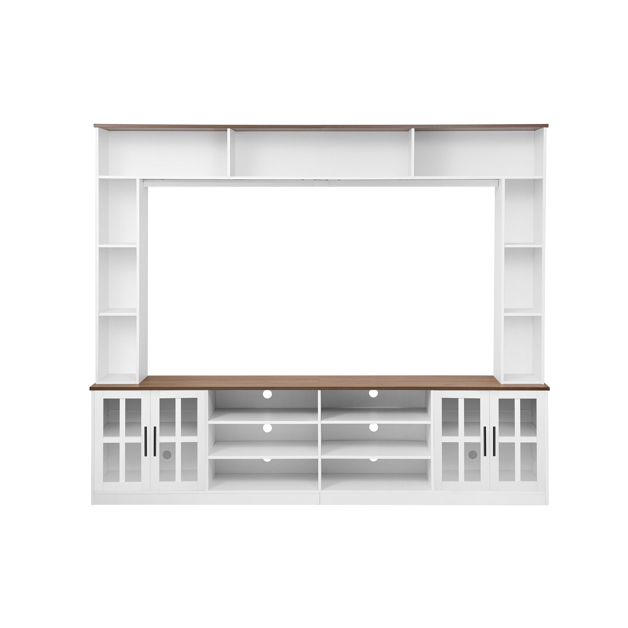 Wall Unit Entertainment Center With Bookshelves For TVs Up To 80&quot;, Tempered Glass Doors And Adjustable Shelves