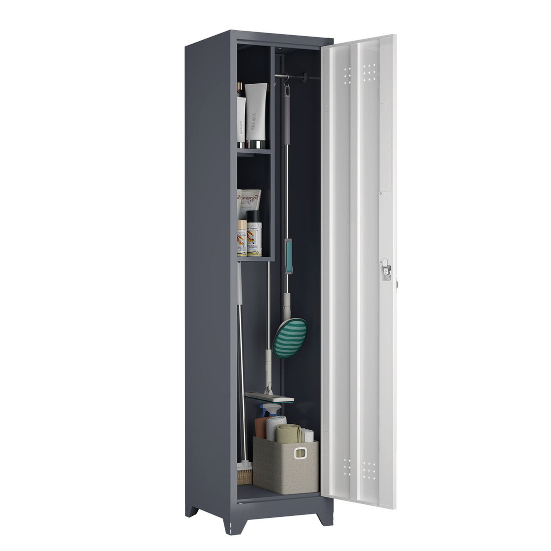 Broom Storage Cabinet Narrow Slim With Hooks And Shelves, Heavy-Duty