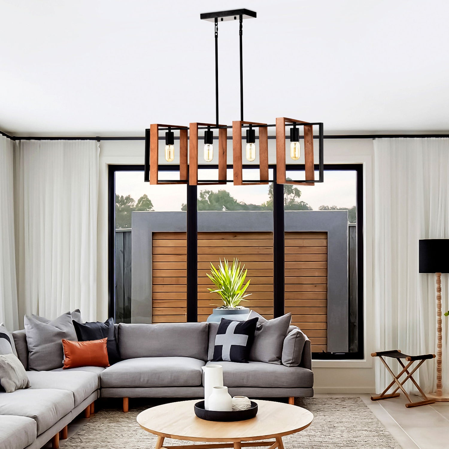 4 Light Kitchen Island Lights Pendant Light Farmhouse Dining Room Light Fixture, Rectangular Chandelier, 36&quot; Hanging Lighting For Living Room, Conference Room, Home Office - Matte Black