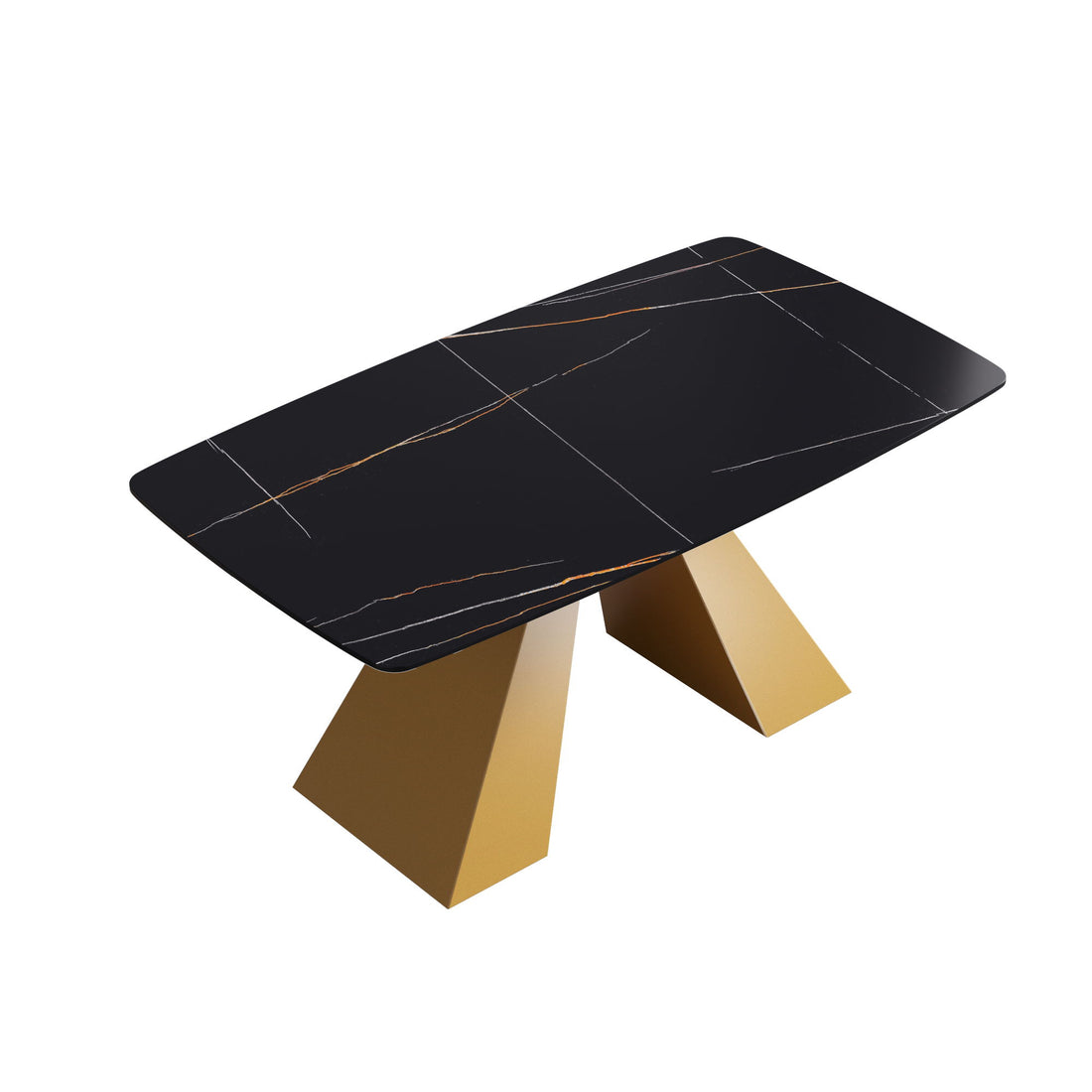 63&quot; Artificial Stone Black Curved Golden Metal Leg Dining Table, 6 People - Black / Gold
